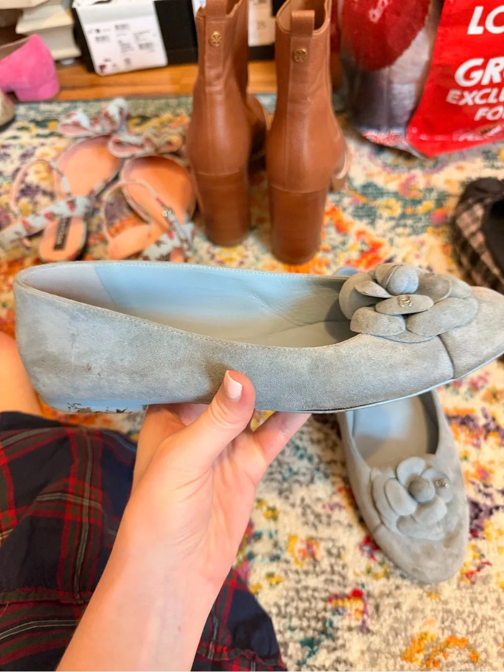 CHANEL Blue Suede Camellia Flats